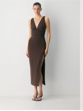 Aritzia Contour V-Neck Brown Sleeveless Maxi Dress with Side Slit